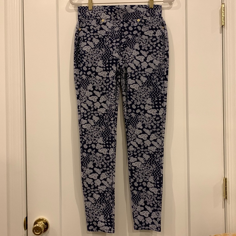 NWOT MICHAEL Michael Kors Navy/White Paisley Pull On Stretch Skinny Ankle Pants